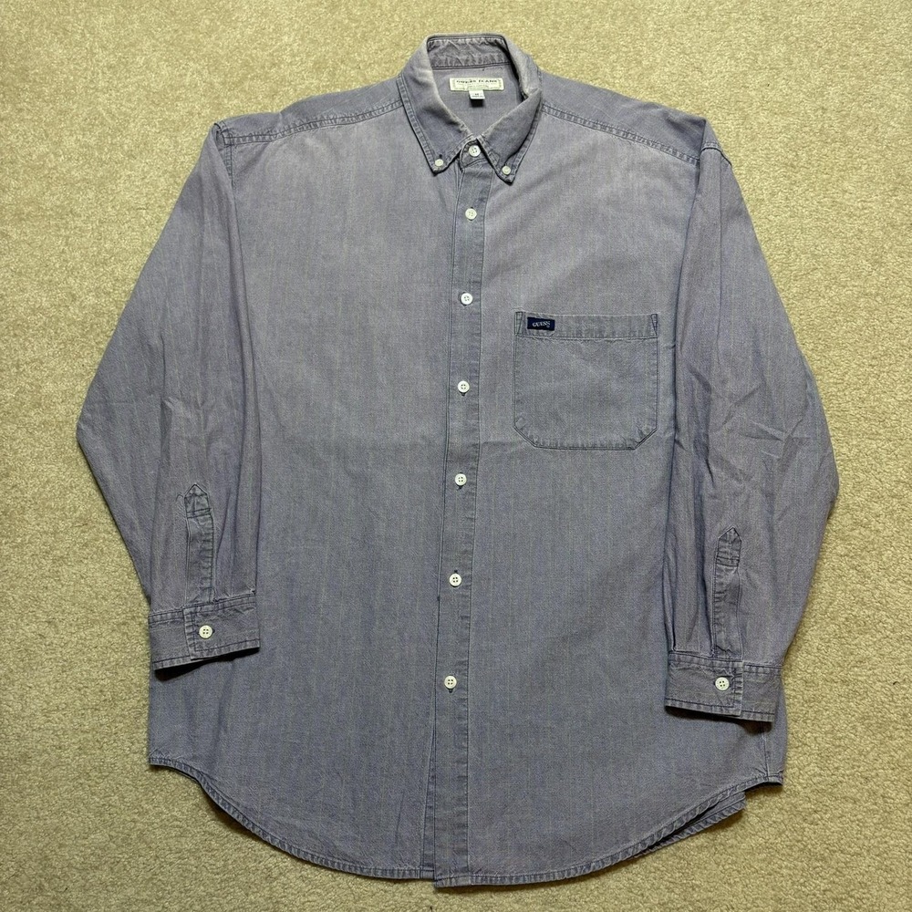 Vtg Guess Jeans Shirt Mens Medium‎ Purple Green Chambray Striped Button Down LS